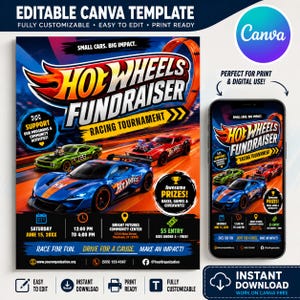 Peut inclure: Un modèle de flyer numérique pour un tournoi de course caritatif Hot Wheels. Le design présente des voitures miniatures bleue, verte et rouge sur une piste, avec des informations sur la date, l'heure, le lieu et le prix d'entrée.