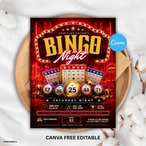 May include: A Bingo Night event flyer featuring bold yellow text, a red neon-style background, and bingo balls numbered 17, 36, 25, 48, and 71. The design includes event details like Saturday Night, doors open at 6:00 PM, and a $2 entry fee.