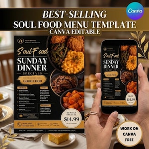Könnte beinhalten: Eine digitale Soul-Food-Menüvorlage in Schwarz und Gold mit dem Text Soul Food & Sunday Dinner Specials. Das Design enthält kreisförmige Bilder von gebratenem Hühnchen, Blattgemüse, Makkaroni mit Käse und weiteren verschiedenen Gerichten.