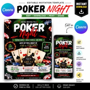 May include: An editable Poker Night invitation template featuring playing cards, poker chips, and text including Poker Night, Casino Games, Great People, Big Wins, Ante Up For A Night Of Fun & Fortune, and event details on an 8.5 by 11 inch layout.