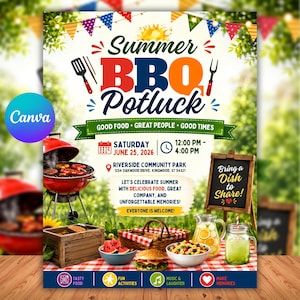 Summer BBQ Potluck Flyer Template, Canva Editable Picnic Invitation, Cookout Party Flyer, Instant Download