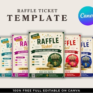 Peut inclure: Plusieurs modèles de billets de tombola avec le texte "RAFFLE TICKET TEMPLATE". Chaque modèle présente des graphiques de sacs d'argent et des options de billets. Le logo Canva est visible. Le bas de l'image indique "100% FREE FULL EDITABLE ON CANVA".