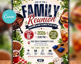 Family Reunion Invitation Template, BBQ Picnic Flyer, Editable Canva Party Invite, DIY Family Gathering