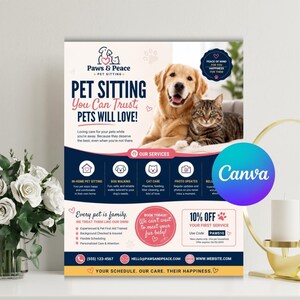 Peut inclure: Un dépliant pour services de garde d'animaux Paws & Peace avec un golden retriever et un chat tigré. Le texte inclut Pet Sitting You Can Trust, Pets Will Love, des détails sur les services et un code de réduction de 10 % nommé PAWS10.