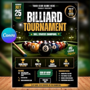 Peut inclure: Un dépliant promotionnel pour un tournoi de billard montrant une table avec des boules colorées et une queue. Le texte inclut BILLIARD TOURNAMENT, SKILL. STRATEGY. CHAMPIONS., BIG CASH PRIZES!, ainsi que des détails sur l'événement et l'inscription.
