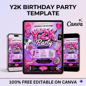 May include: A digital Y2K birthday party invitation template displayed on a tablet and two smartphones. The design features pink metallic text, a flip phone, a handbag, a CD, and a tamagotchi graphic on a purple background with leopard print accents.