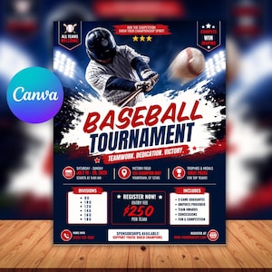 Baseball Tournament Flyer Template, Editable Canva Sports Poster, Baseball Game Event ,Digital Download