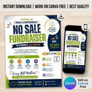 May include: A digital flyer template for a school fundraiser titled No Sale Fundraiser, featuring blue and green text on a white background. The design includes sections for donation methods, a goal of $3,500, and a QR code placeholder.