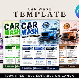 Puede incluir: Una plantilla de lavado de autos con el texto "CAR WASH" en letras grandes. La plantilla presenta diferentes paquetes de lavado de autos con precios y un gráfico de automóvil azul. El logotipo de Canva está en la esquina superior derecha.