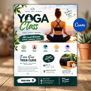May include: A promotional flyer for a yoga class featuring a person in a seated pose at sunset. The text includes Yoga Class, All Levels Welcome, Join Our Yoga Class, and contact details for Serenity Yoga Studio at 123 Wellness Drive, Sunnyvale, CA 94086.