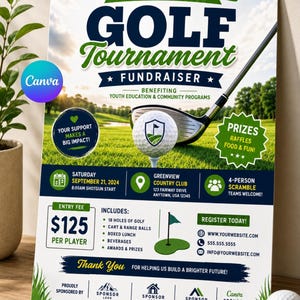 May include: A golf tournament fundraiser flyer with a green and blue design. The flyer includes the text "Golf Tournament Fundraiser" and details about the event, including the date, location, and entry fee. A golf ball and club are featured.