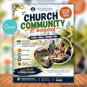Pode incluir: Um folheto para um evento Church Community Hangout em 22 de agosto, das 14h às 18h, no Riverside Community Park. O design apresenta texto, ícones de comida e jogos, e fotos circulares de pessoas reunidas ao ar livre em um parque.