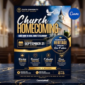 May include: A Church Homecoming event flyer with a dark blue and gold color scheme. It features a white church building, a dove, and text including Church Homecoming, Sunday September 21 2026, 10:30AM, Celebrating Our Heritage Embracing Our Future.