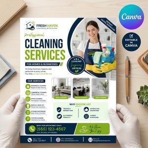 May include: A professional cleaning services flyer featuring the text Fresh Haven, Cleaning Services, and contact details. The design includes a person wearing a blue apron and yellow gloves holding a blue bucket with cleaning supplies and images of home, office, and bathroom cleaning.