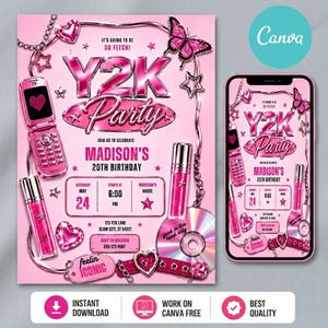 以下が含まれることがあります： ピンク色のY2Kパーティー招待状フライヤーとスマートフォンのディスプレイ。折りたたみ式携帯電話、リップグロス、蝶、CD、チェーンのグラフィックが特徴。テキストには「IT'S GOING TO BE SO FETCH!」「Y2K Party」「MADISON'S 20TH BIRTHDAY」「SATURDAY MAY 24」「6:00 PM」「MADISON'S HOUSE」と記載。