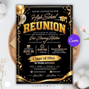 Op de afbeelding: Een zwart-gouden uitnodigingskaart voor een reünie met de tekst "You're invited to our High School Reunion," "Class of 19xx," en "30 Years Reunion." Het ontwerp bevat gouden ballonnen, linten, een afstudeerhoed en de evenementgegevens.