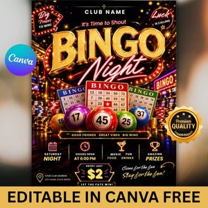 May include: A promotional poster for a Bingo Night event. The design features the words "BINGO Night" in gold, with bingo balls and cards. The poster includes event details, such as the date, time, and entry fee.