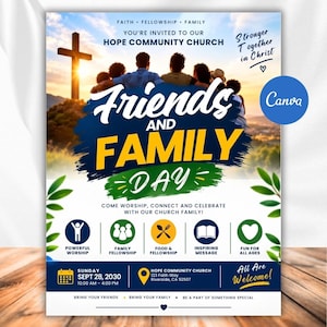 Könnte beinhalten: Ein Kirchenveranstaltungsflyer mit dem Titel Friends and Family Day für die Hope Community Church. Er zeigt eine Gruppe von Menschen als Silhouette vor einem Sonnenuntergang mit einem Kreuz, grünen Blättern und Symbolen für Gottesdienst und Essen.