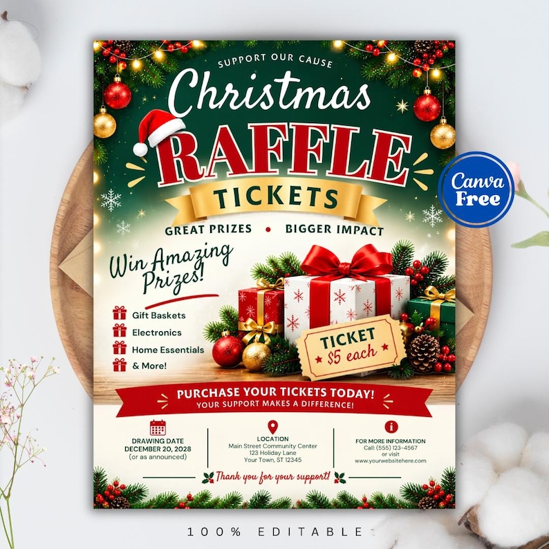 Christmas Raffle Ticket Flyer Template, Editable Holiday Fundraiser ...