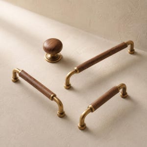 Walnut Wood Cabinet Pulls and Knob, Antique Brass Drawer Handles, Mid Century Kitchen Dresser Cupboard Wardrobe Furniture Hardware