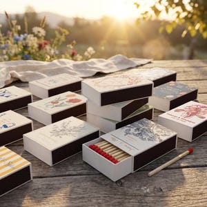 May include: A collection of rectangular matchboxes featuring various floral and botanical illustrations, some with printed names and dates. One open matchbox reveals wooden matches with red tips, and a single match lies on the wooden surface.