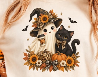 Fantasma de Halloween y gato negro PNG, lindo fantasma con sombrero de bruja, estampado de leopardo y calabazas