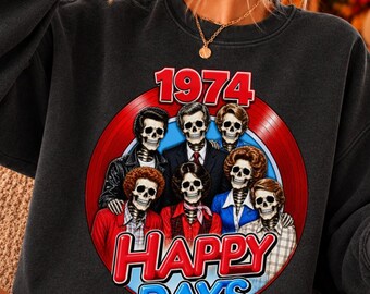 1974 Happy Days Retro Skeleton PNG, Vintage 70s Halloween Group Design