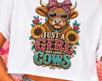 Just a Girl Who Loves Cows PNG, Highland Cow with Pink Leopard Bow, Western Cowgirl Design