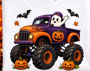 Camión monstruo fantasma de Halloween PNG, lindo diseño de camión calabaza, temporada espeluznante