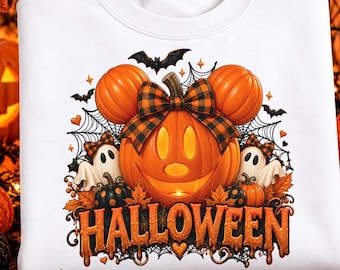 Lindo PNG de calabaza de Halloween, Jack O' Lantern sonriente con lazo a cuadros, fantasmas y murciélagos