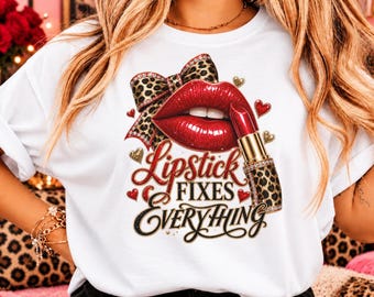 Lipstick Fixes Everything PNG, Red Glitter Lips, Leopard Print Bow and Rhinestone Glam Design