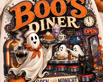 May include: A beige sweatshirt featuring a graphic of ghosts in a diner titled Boo's Diner. The design includes a ghost server holding a tray with pie and a milkshake, a jukebox, a black cat, pumpkins, and the text Open After Midnight.