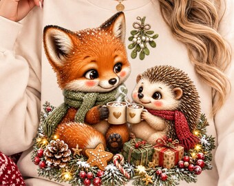 May include: A beige crewneck sweatshirt featuring a graphic of a fox wearing a green scarf and a hedgehog wearing a red scarf, both holding mugs. The design includes mistletoe, pinecones, gifts, and a gingerbread star on a snowy base.