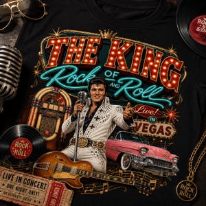 May include: A black t-shirt featuring a graphic of Elvis Presley in a white jumpsuit holding a microphone. The design includes a jukebox, a pink vintage car, a guitar, and text reading THE KING OF ROCK AND ROLL LIVE IN VEGAS.