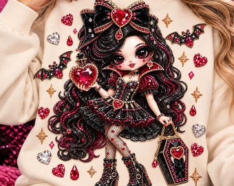 May include: A cream-colored sweatshirt featuring a large, detailed graphic of a doll with long black hair, wearing a black and red dress, holding a heart-shaped bottle and a coffin-shaped purse, surrounded by red and clear heart and bat accents.