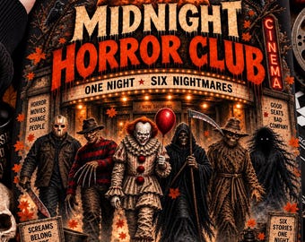 May include: A black t-shirt featuring a graphic print of a cinema marquee titled Midnight Horror Club with the text One Night Six Nightmares. The design includes six horror characters, pumpkins, autumn leaves, and two red Admit One tickets.