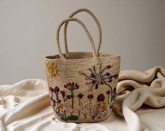 Handmade Raffia Crochet Floral Shoulder Bag, Embroidered Summer Beach Carryall
