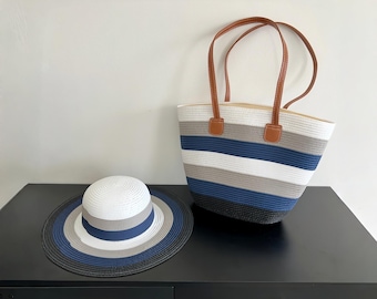 Striped Straw Beach Bag Set, Sun Hat Tote for Coastal Summer Escapes