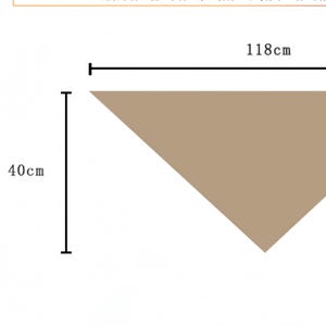 May include: A triangular scarf in a solid tan color. The scarf features black dimension lines and text indicating a width of 118 inches and a height of 40 inches, providing clear measurements for the item's size and shape in a simple layout.