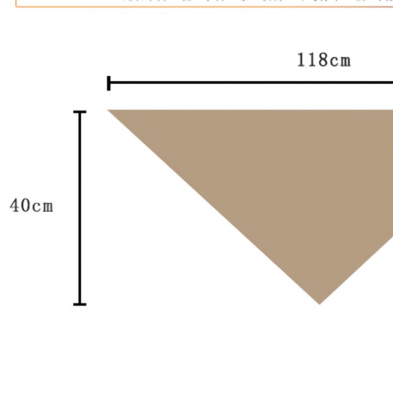 May include: A triangular scarf in a solid tan color. The scarf features black dimension lines and text indicating a width of 118 inches and a height of 40 inches, providing clear measurements for the item's size and shape in a simple layout.