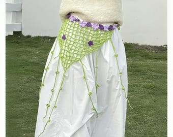 Crochet Flower Waist Scarf Boho Hip Wrap Festival Skirt Layering Belt