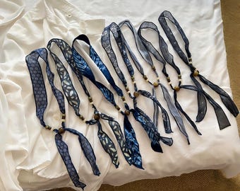 Indigo Scarf Necklace Linen Beaded Wrap Artisan Boho Gift for Her