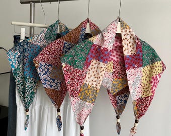 Vintage Patchwork Triangle Scarf, Floral Beaded Headscarf Gift for Grandma and Mom