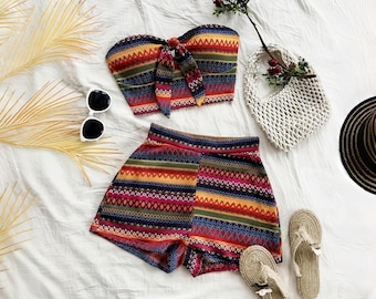 Boho Knit Two Piece Set, Strapless Crop Top and High Waist Shorts Outfit