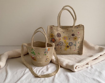 Handwoven Raffia Bag Embroidered Tote Beach Purse Cottagecore Gift for Her