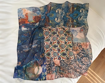 Morris Blue Silk Feel Scarf, Vintage Floral Neckerchief for Summer Styling