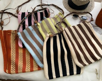 Boho Striped Knit Tote, Lightweight Summer Market Bag for Beach Days