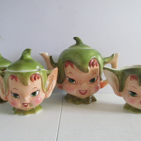 Four Piece Lefton Green Pixie Christmas Elf Ceramic Tea Set