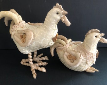 Vintage Soft Sculpture Rooster and Chicken