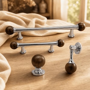 Walnut Wood Cabinet Pulls and Knobs, Chrome Drawer Handle, Round Ball Knob, Drop Pull, Vintage Furniture Hardware for Dresser Cabinet